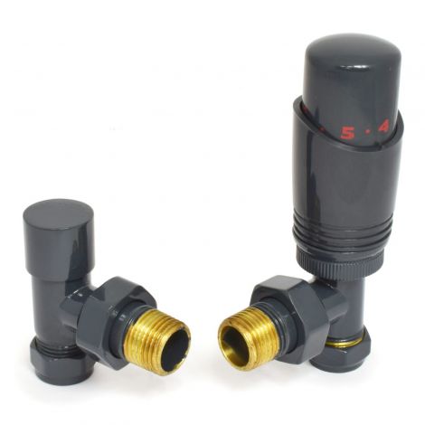 Anthracite Thermostatic Angled Radiator Valves - For Pipes Coming Out Of Floor
