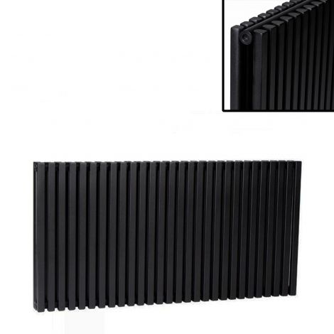 Sheffield black square bar double panel horizontal designer radiator and a detailed close up 