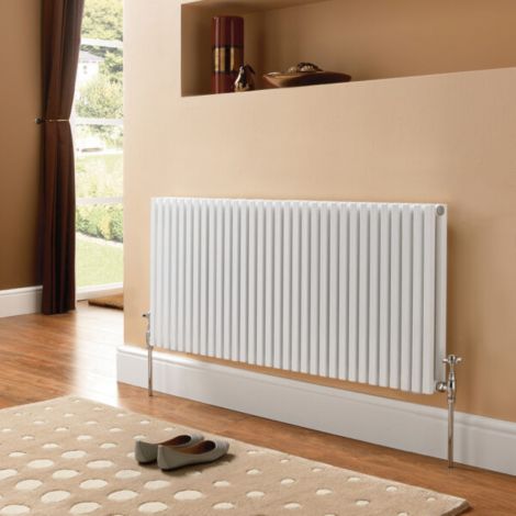 Sheffield white square bar double panel horizontal designer radiator set in a contemporary room