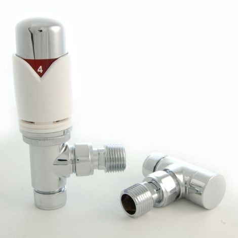 White Thermostatic Angled Radiator Valves - For Pipes Coming Out Of Floor