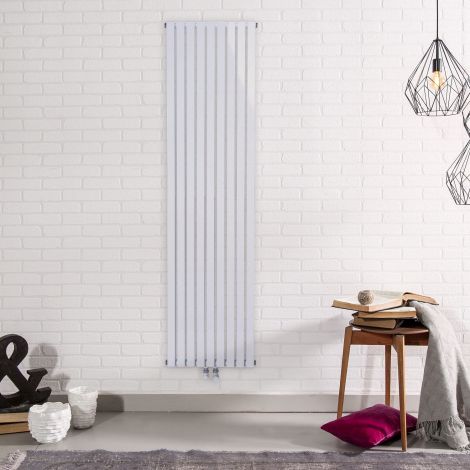 York double panel white designer radiator mounted on a brick wall in a contemporary room
